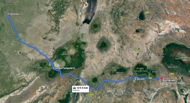 Grafické znázornění itineráře 3 dny „Dvě noci - dvě perly Tanzánie“ – parky Serengeti a Ngorongoro v chatkách